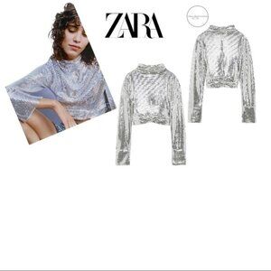 Nwt ZARA Draped Silver Sparkly Cropped Top Size XS
